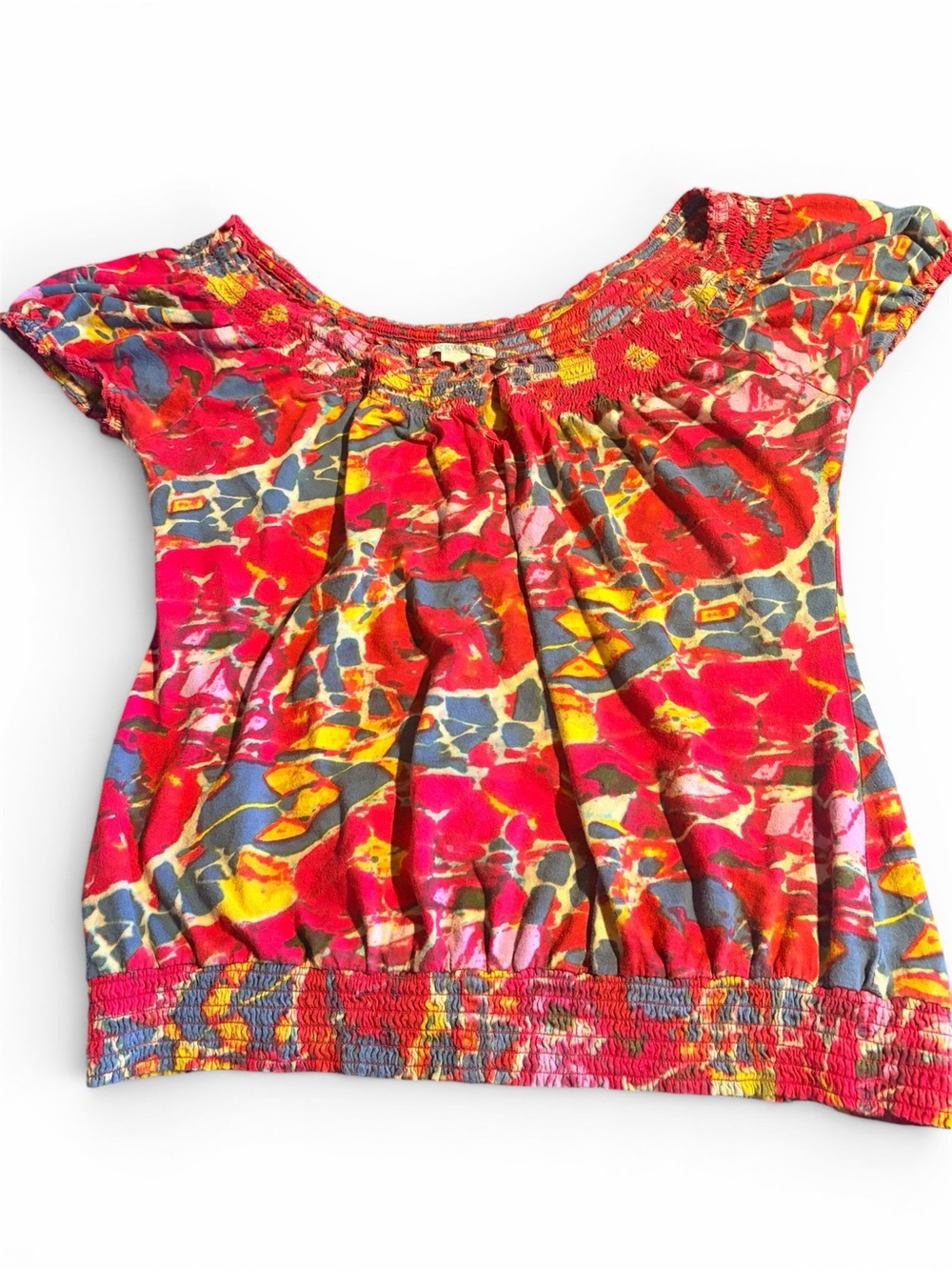 Lucky Brand Boho Smocked Peasant Top Multicolor Floral Size Large